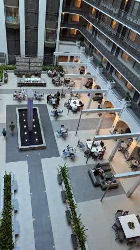 The atrium of Embassy Suites a perfect Miami Airport hotel.