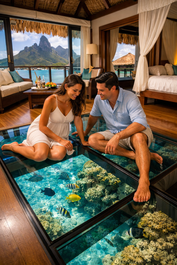 A couple enjoying their glass flooring in their room.

